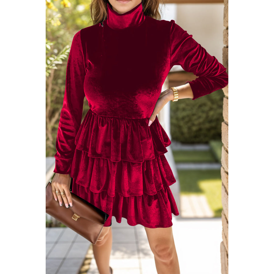 Ruffled Layered Long Sleeve Mini Dress Burgundy / S Apparel and Accessories