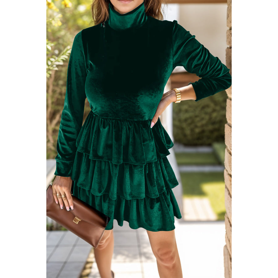 Ruffled Layered Long Sleeve Mini Dress Dark Green / S Apparel and Accessories