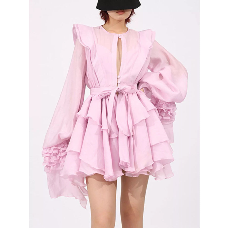 Ruffled Layered Long Sleeve Mini Dress Pink / S Apparel and Accessories