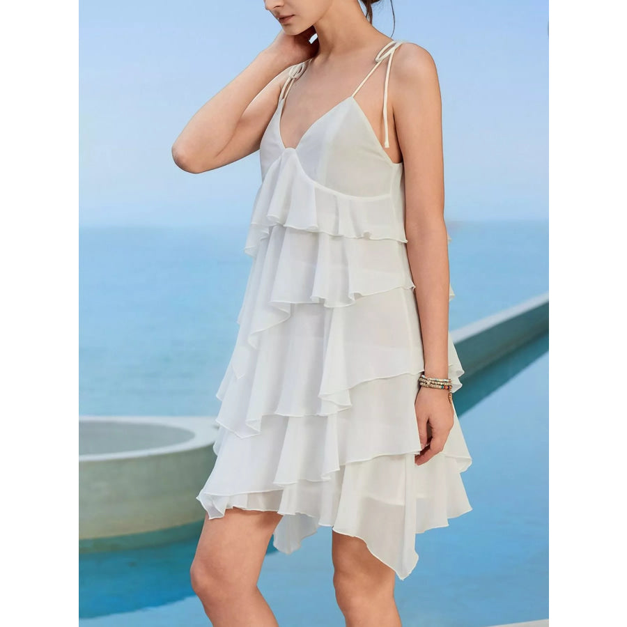 Ruffled Layered Tie Shoulder Dress White / S Apparel and Accessories