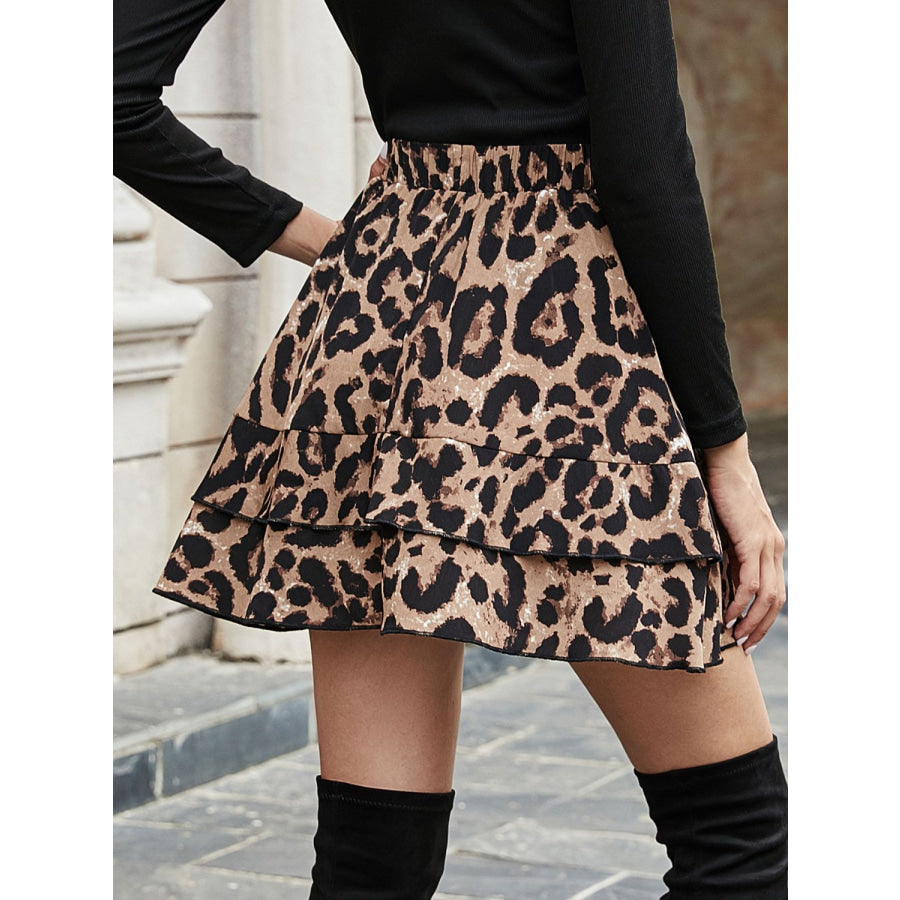 Ruffled Leopard Elastic Waist Skirt Apparel and Accessories