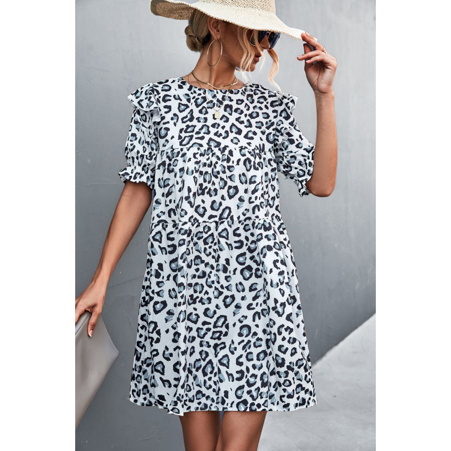 Ruffled Leopard Half Sleeve Dress Misty Blue / S Apparel and Accessories