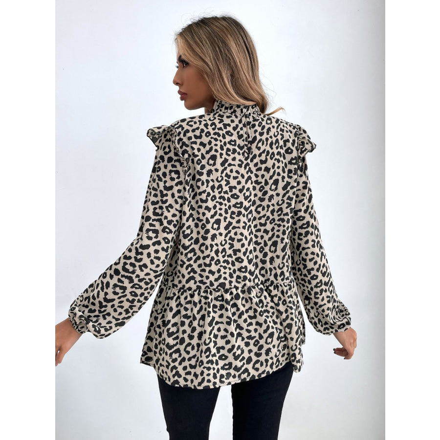 Ruffled Leopard Mock Neck Long Sleeve Blouse Apparel and Accessories