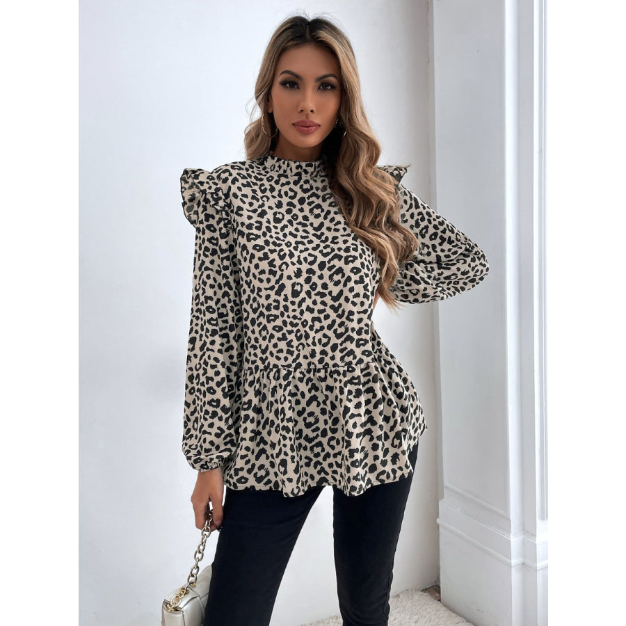 Ruffled Leopard Mock Neck Long Sleeve Blouse Apparel and Accessories