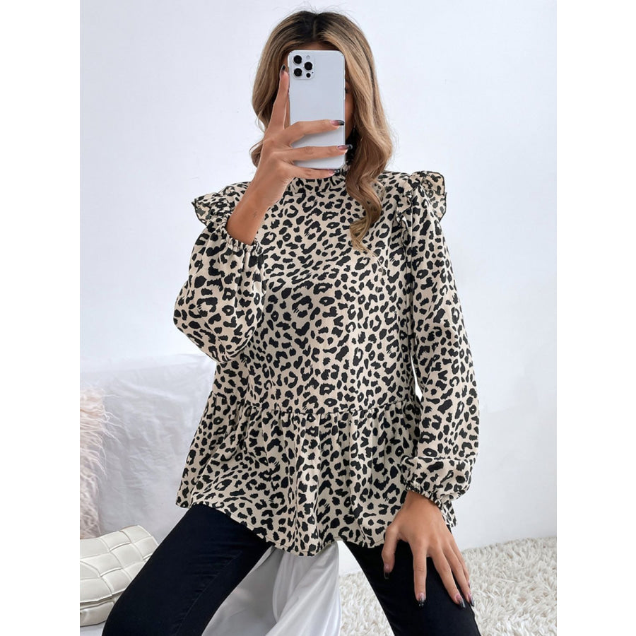 Ruffled Leopard Mock Neck Long Sleeve Blouse Apparel and Accessories