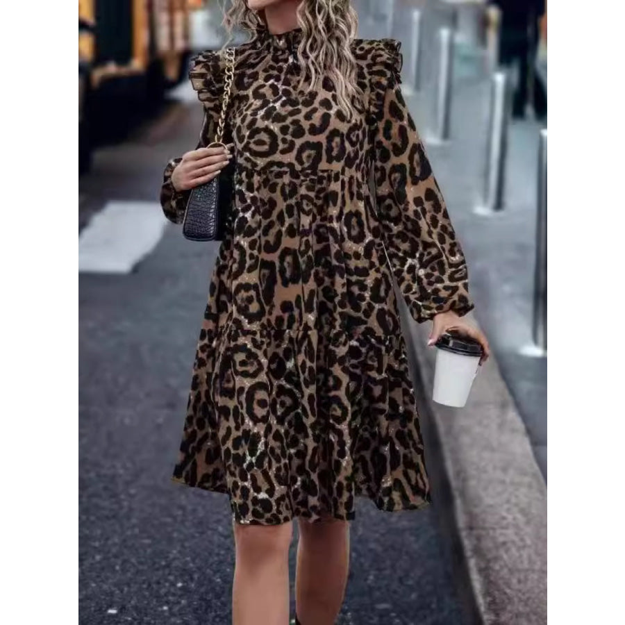 Ruffled Leopard Mock Neck Long Sleeve Mini Dress Apparel and Accessories