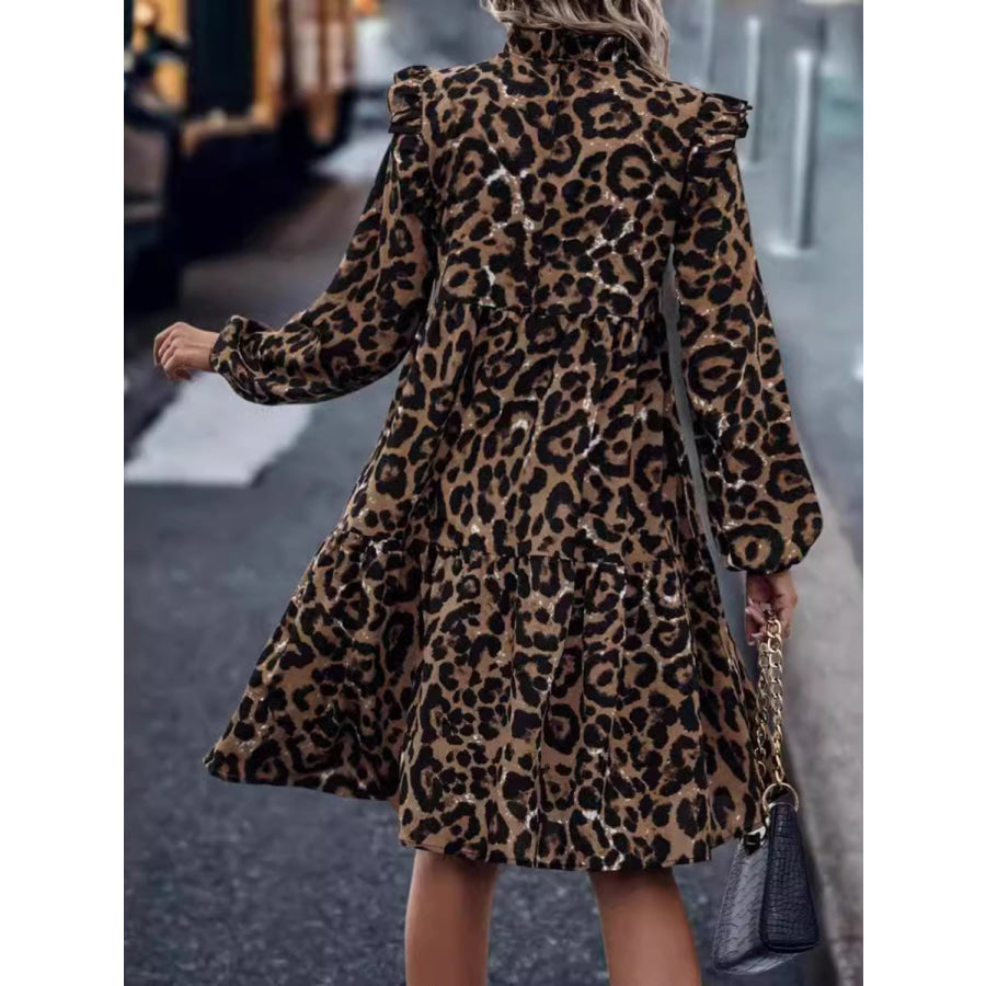 Ruffled Leopard Mock Neck Long Sleeve Mini Dress Apparel and Accessories