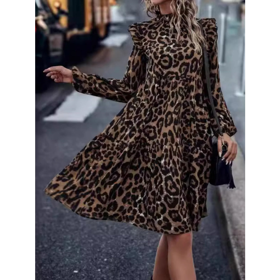 Ruffled Leopard Mock Neck Long Sleeve Mini Dress Apparel and Accessories