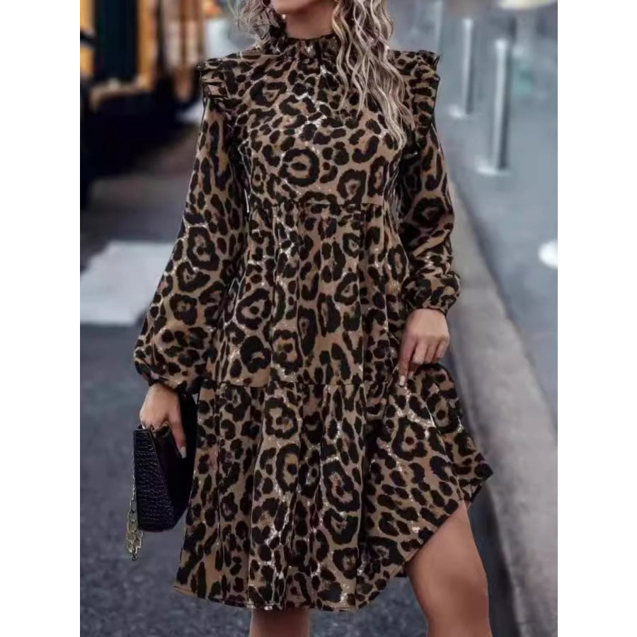 Ruffled Leopard Mock Neck Long Sleeve Mini Dress Coffee Brown / S Apparel and Accessories