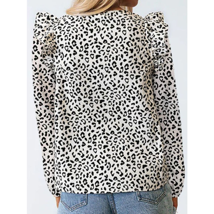 Ruffled Leopard Notched Long Sleeve Blouse Apparel and Accessories