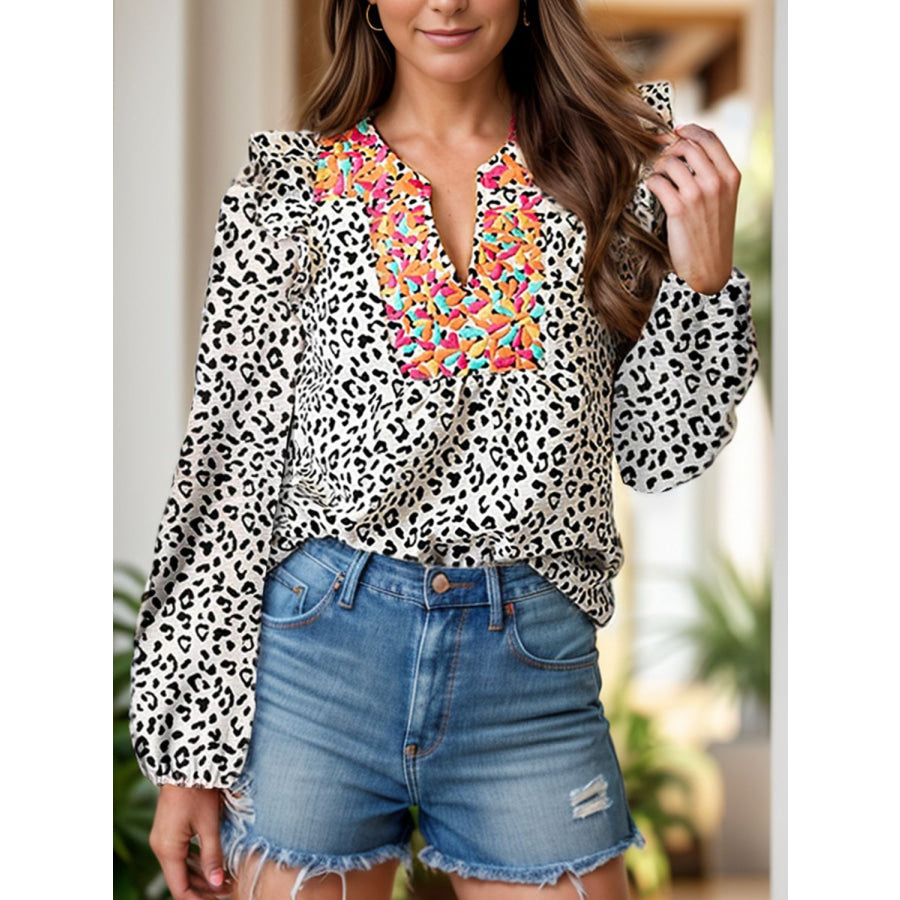 Ruffled Leopard Notched Long Sleeve Blouse Leopard / S Apparel and Accessories