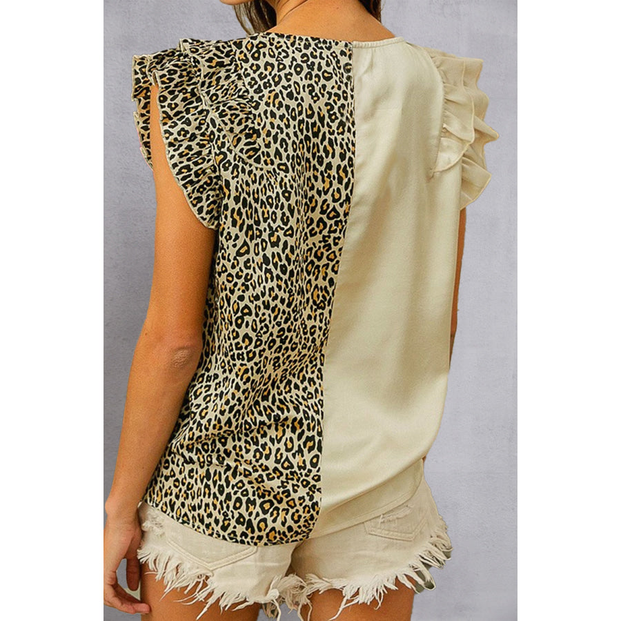 Ruffled Leopard V - Neck Cap Sleeve Blouse Apparel and Accessories