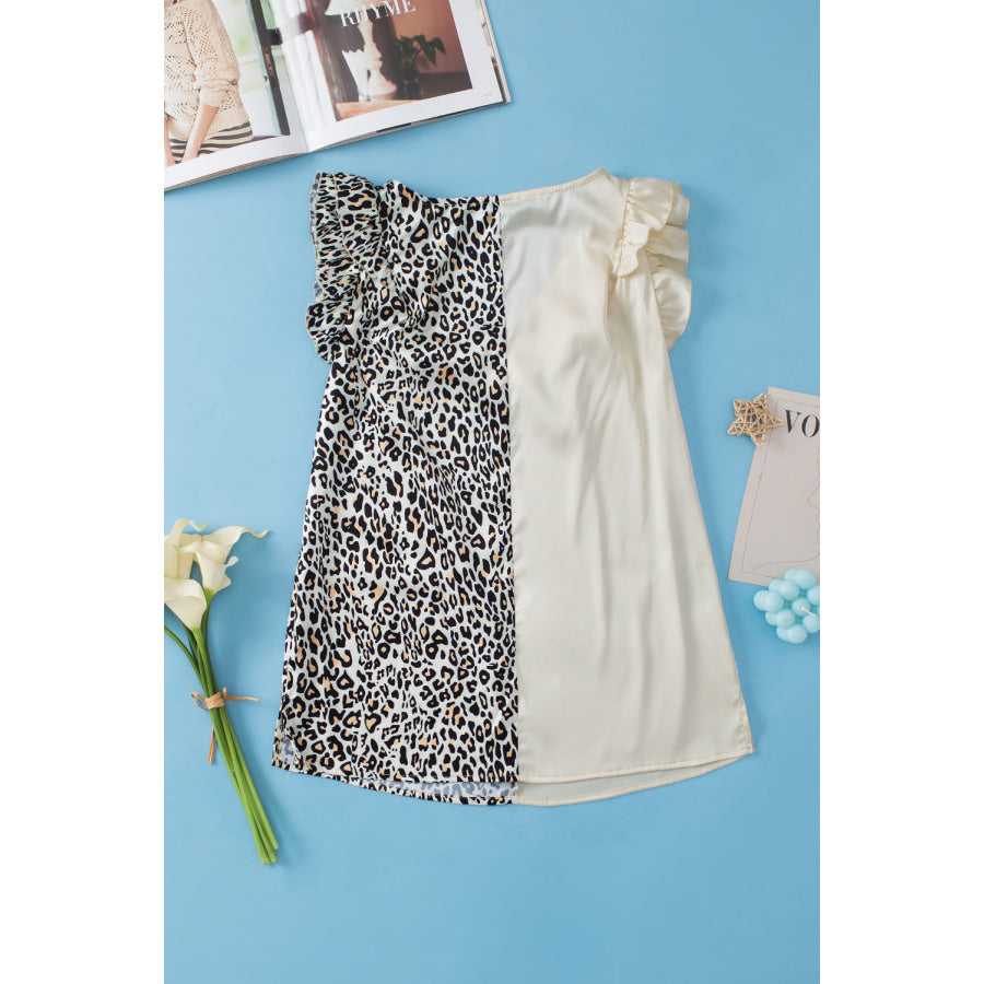 Ruffled Leopard V - Neck Cap Sleeve Blouse Apparel and Accessories