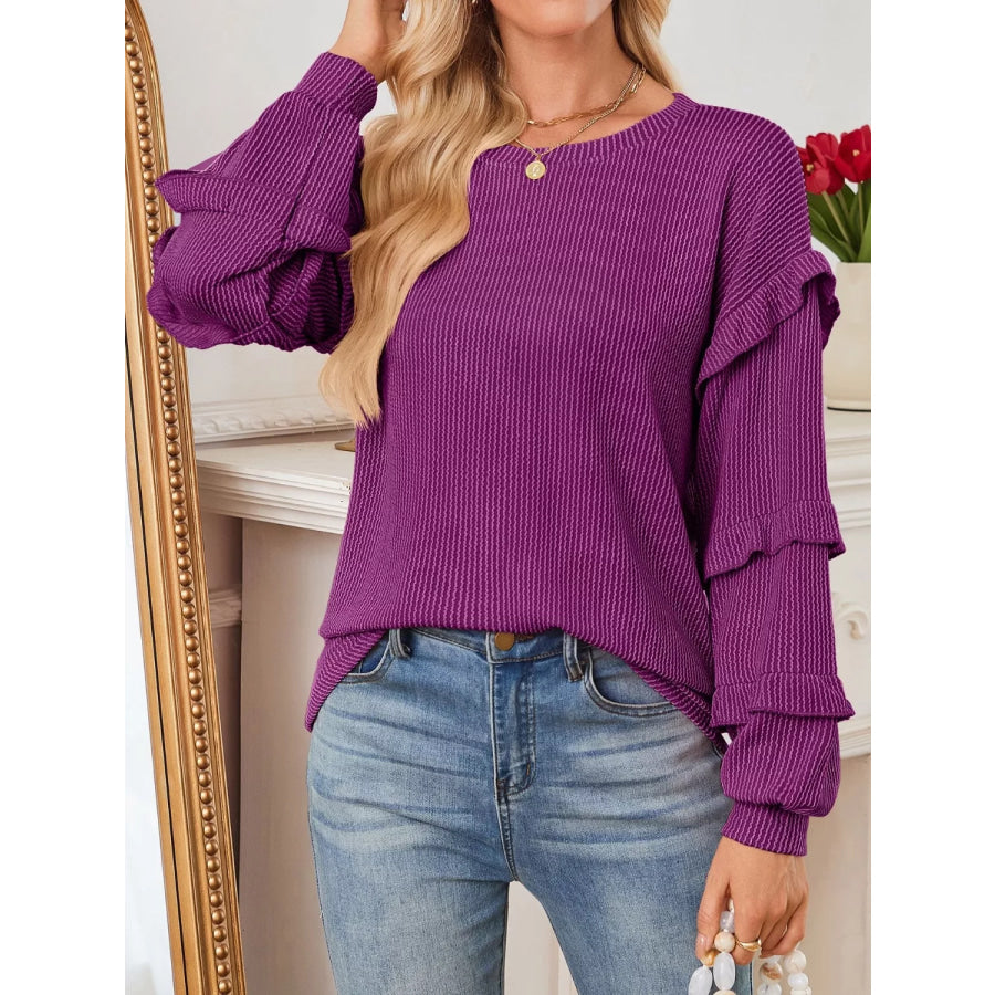 Ruffled Long Sleeve Knit T-Shirt Apparel and Accessories