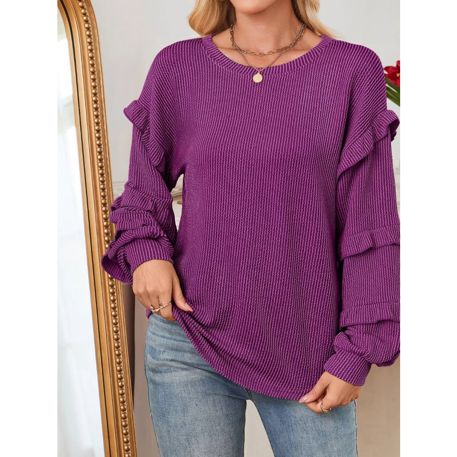Ruffled Long Sleeve Knit T-Shirt Apparel and Accessories