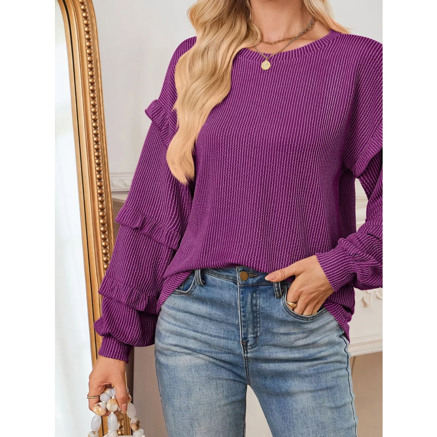 Ruffled Long Sleeve Knit T-Shirt Apparel and Accessories