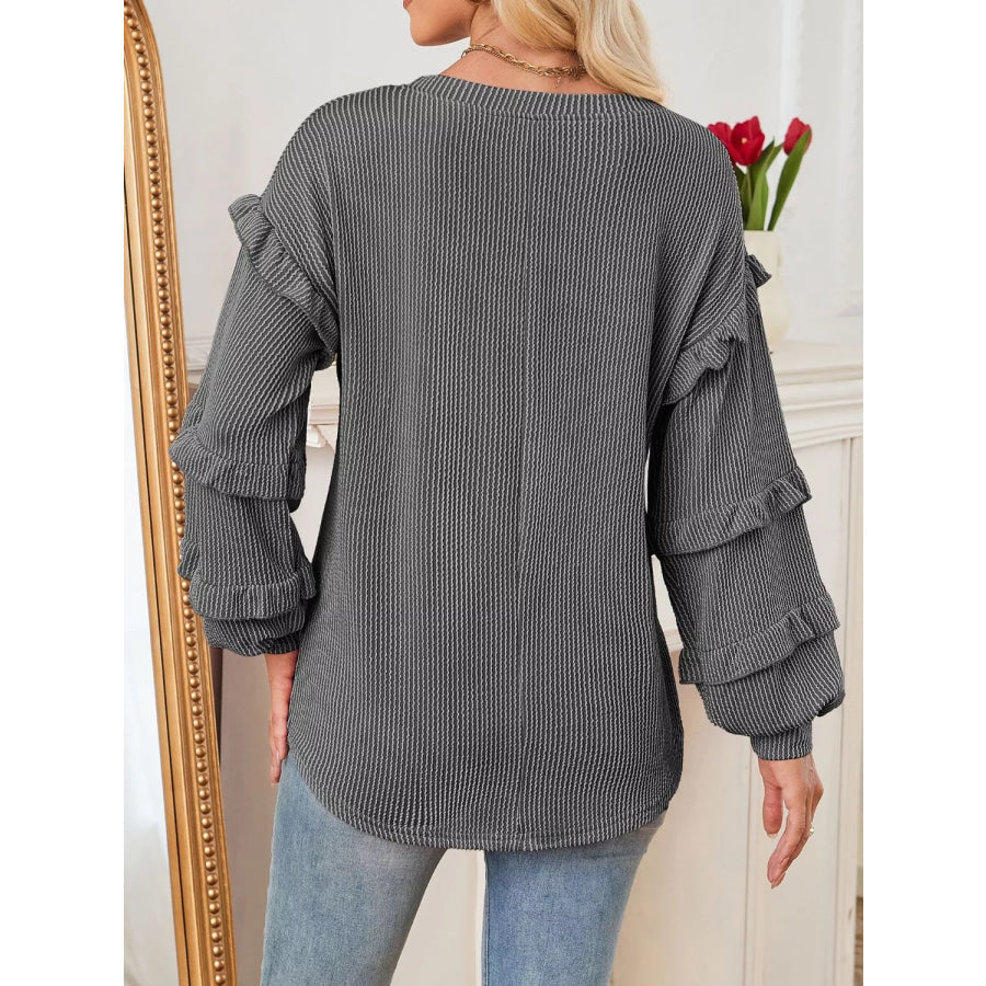 Ruffled Long Sleeve Knit T-Shirt Apparel and Accessories
