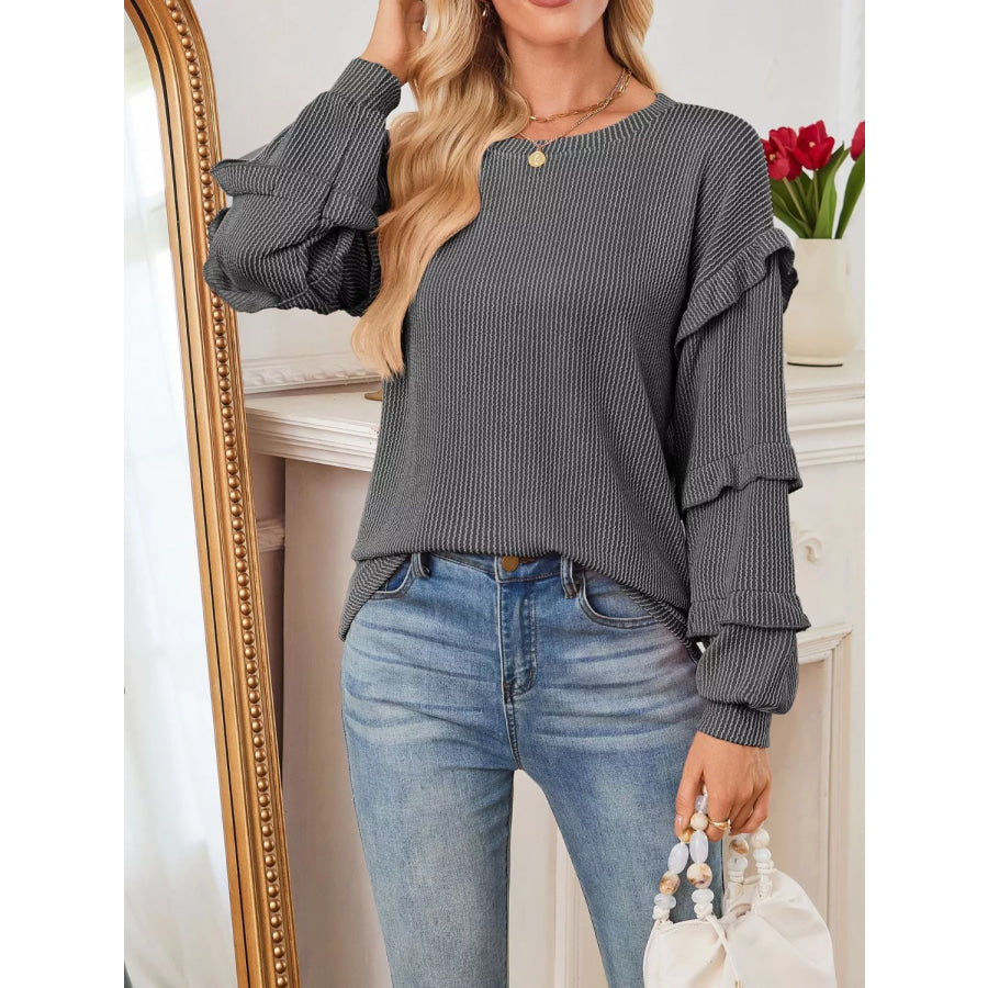 Ruffled Long Sleeve Knit T-Shirt Apparel and Accessories