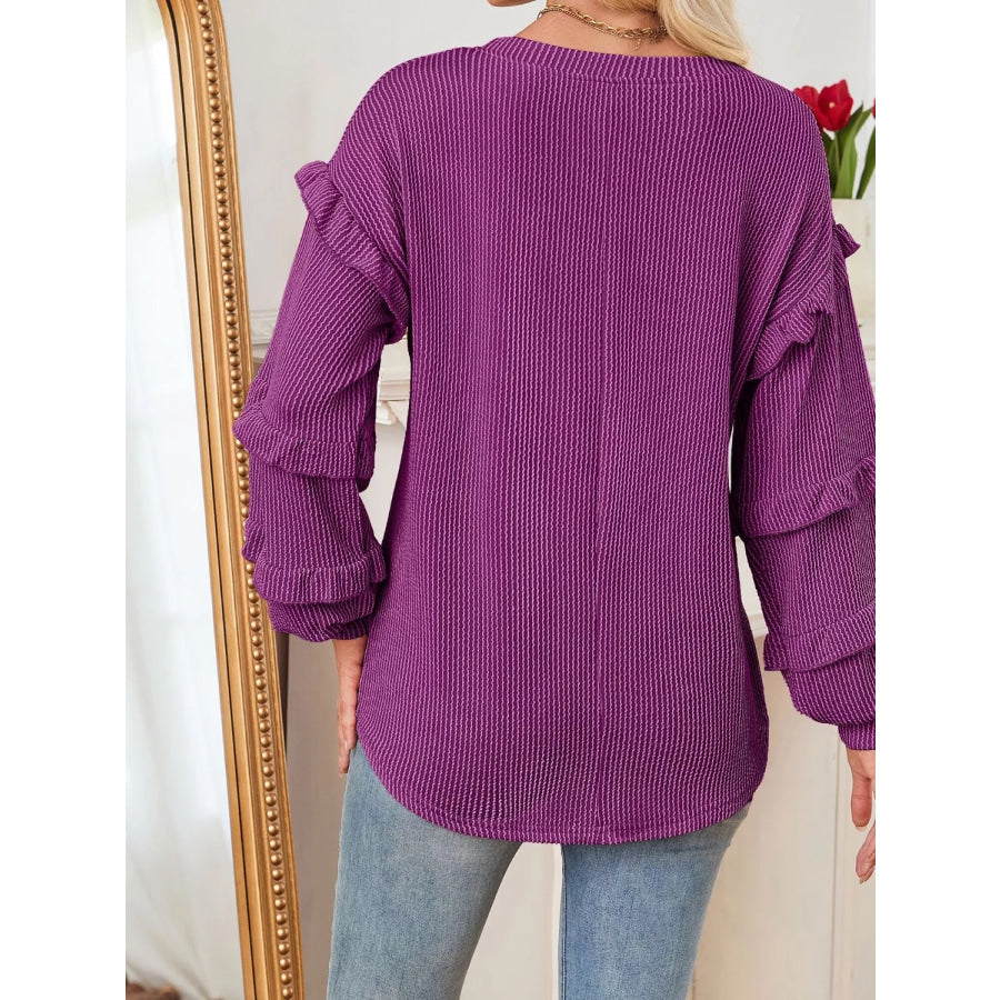 Ruffled Long Sleeve Knit T-Shirt Apparel and Accessories