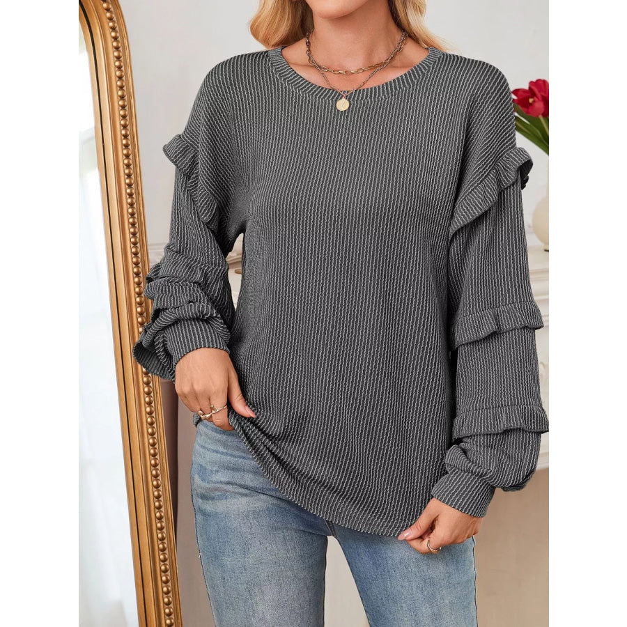 Ruffled Long Sleeve Knit T-Shirt Apparel and Accessories