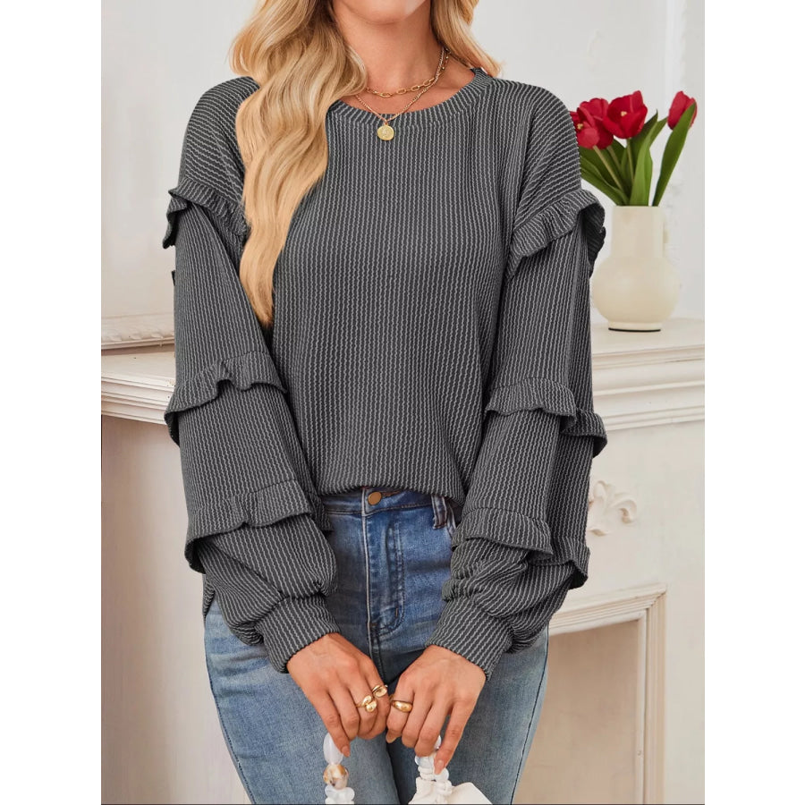 Ruffled Long Sleeve Knit T-Shirt Dark Gray / S Apparel and Accessories