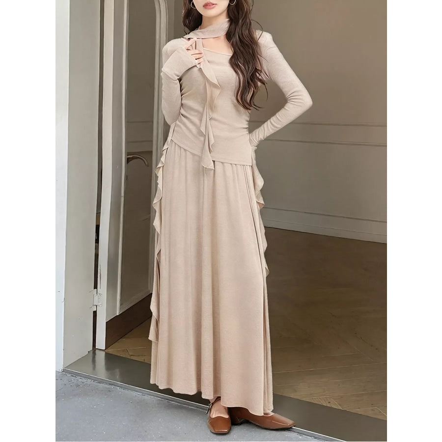 Ruffled Long Sleeve Knit Top and Maxi Skirt Set Apparel and Accessories