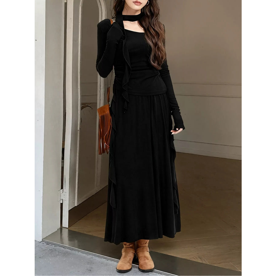 Ruffled Long Sleeve Knit Top and Maxi Skirt Set Apparel and Accessories