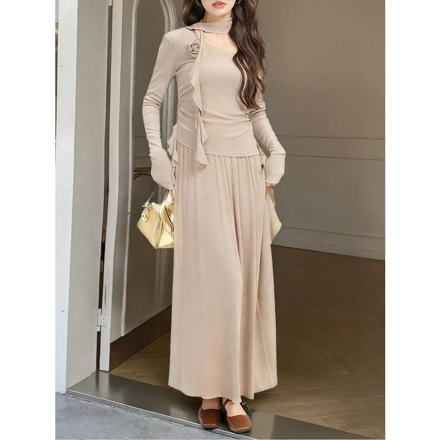 Ruffled Long Sleeve Knit Top and Maxi Skirt Set Apparel and Accessories