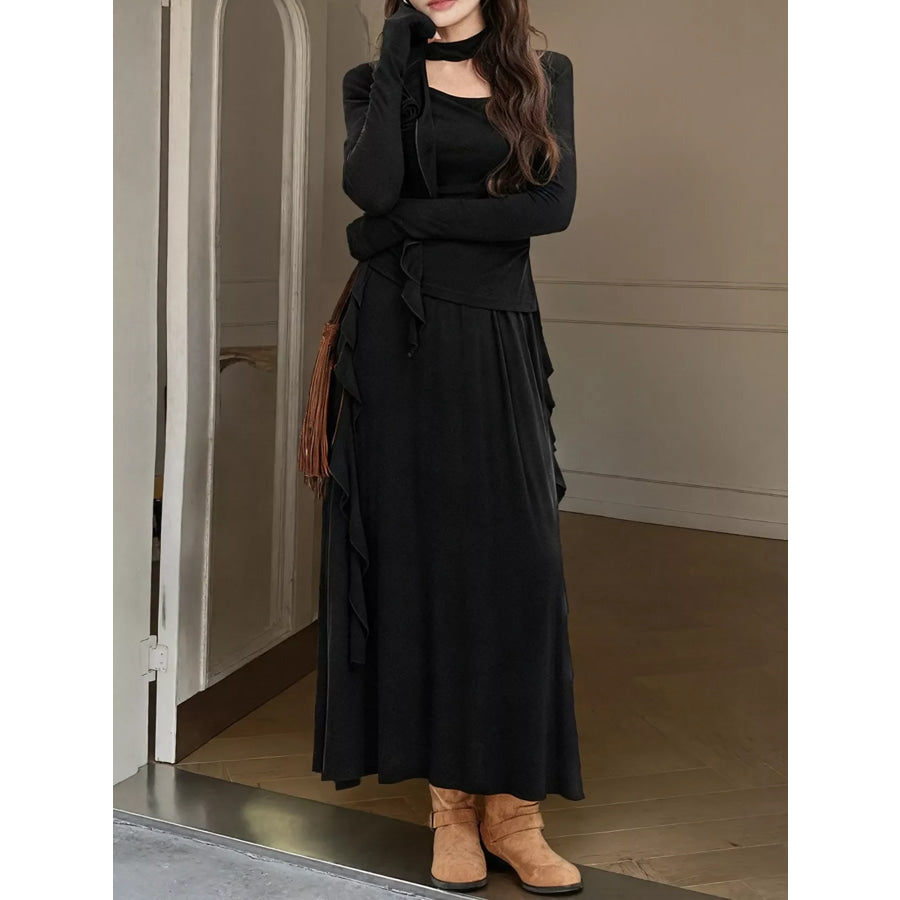 Ruffled Long Sleeve Knit Top and Maxi Skirt Set Apparel and Accessories