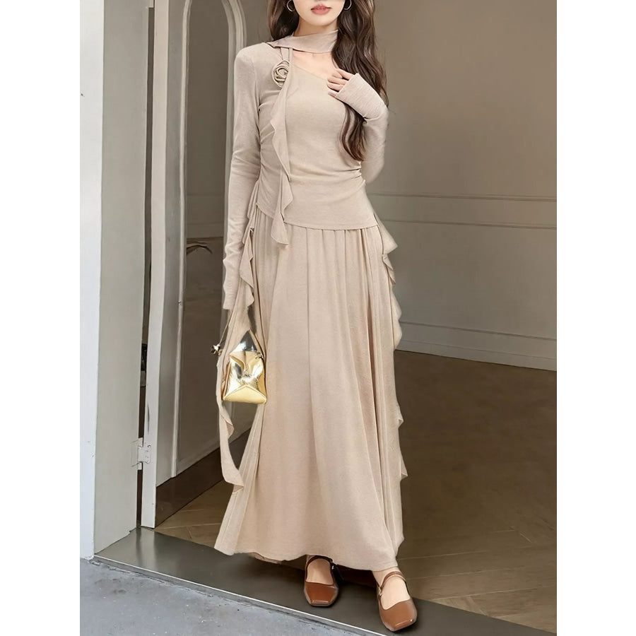 Ruffled Long Sleeve Knit Top and Maxi Skirt Set Apparel and Accessories