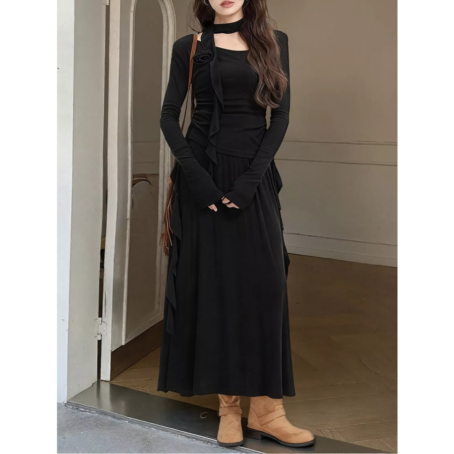 Ruffled Long Sleeve Knit Top and Maxi Skirt Set Black / M Apparel and Accessories