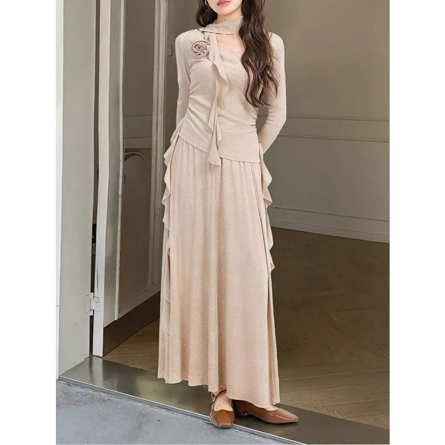 Ruffled Long Sleeve Knit Top and Maxi Skirt Set Khaki / M Apparel and Accessories