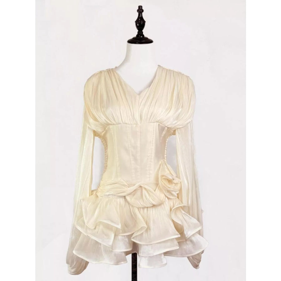 Ruffled Long Sleeve Mini Dress Apricot / M Apparel and Accessories