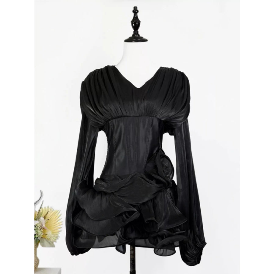 Ruffled Long Sleeve Mini Dress Black / M Apparel and Accessories