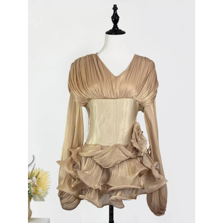 Ruffled Long Sleeve Mini Dress Gold / M Apparel and Accessories