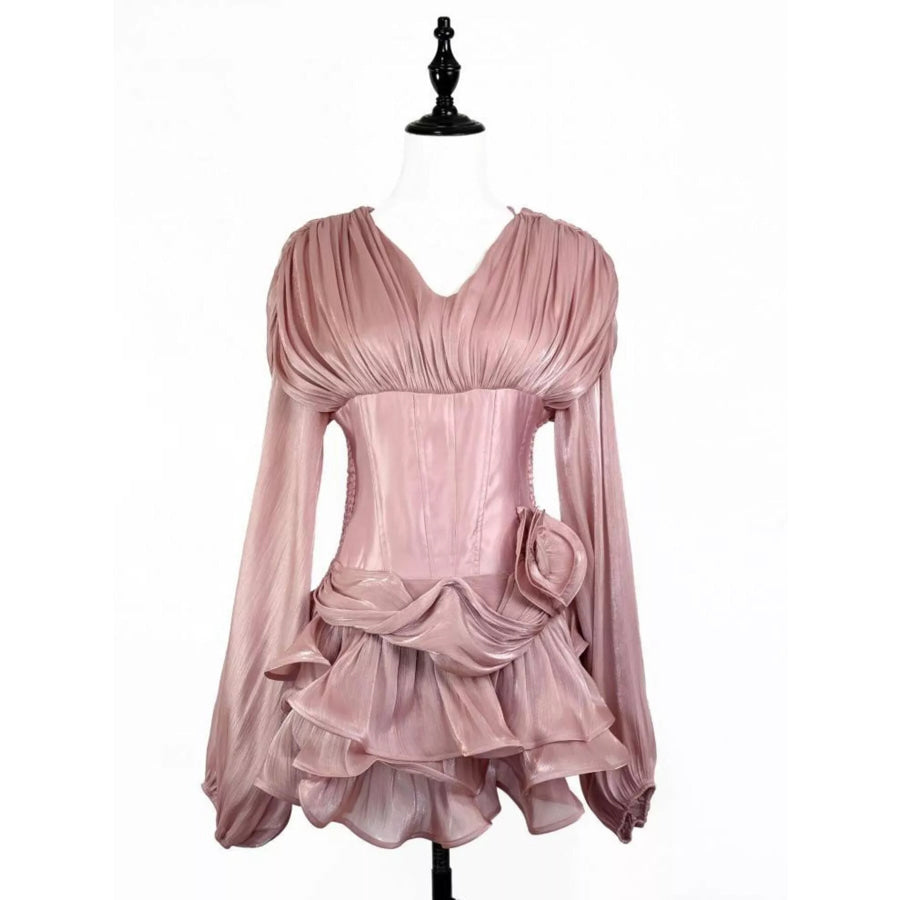 Ruffled Long Sleeve Mini Dress Pink / M Apparel and Accessories