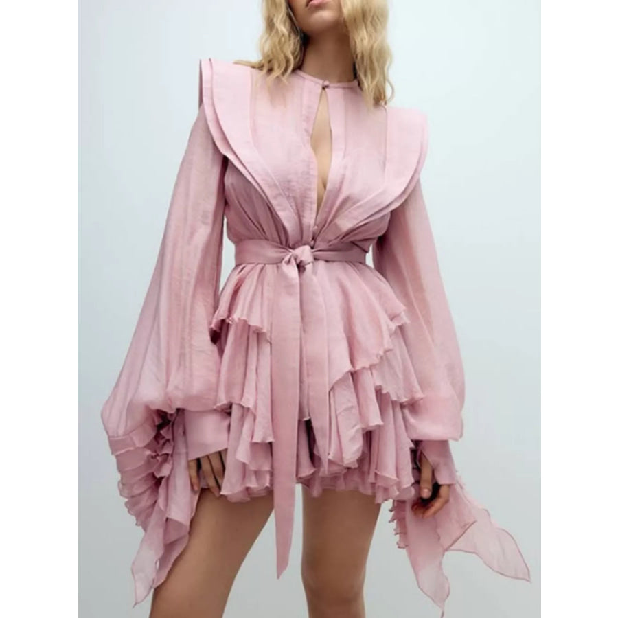 Ruffled Long Sleeve Mini Dress Pink / S Apparel and Accessories
