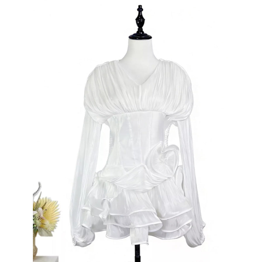 Ruffled Long Sleeve Mini Dress White / M Apparel and Accessories
