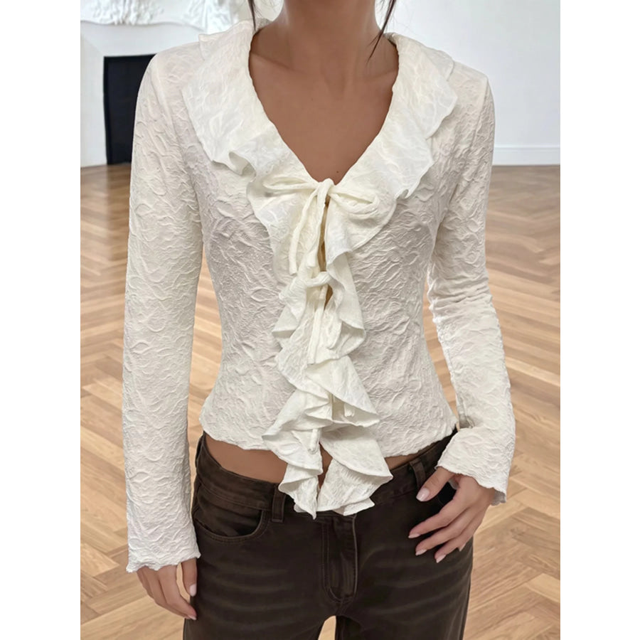Ruffled Long-Sleeve T-Shirt Apricot / S Apparel and Accessories