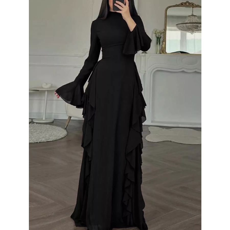Ruffled Maxi Dress with Bell Sleeves Black / S Apparel and Accessories
