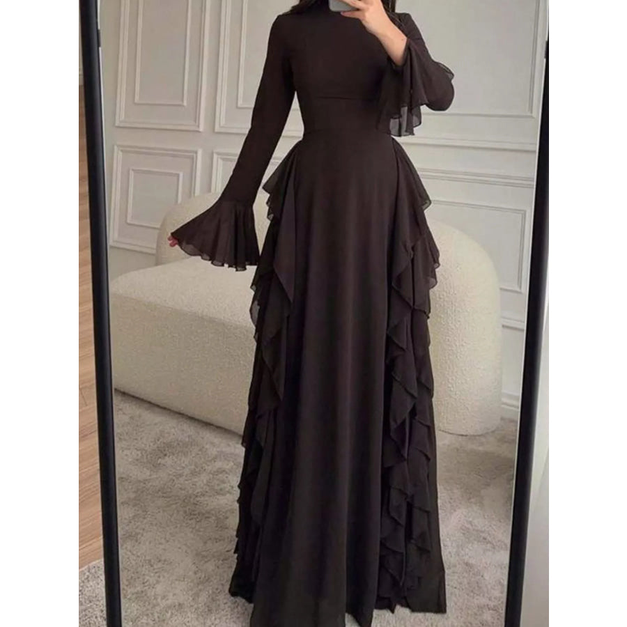 Ruffled Maxi Dress with Bell Sleeves Brown / S Apparel and Accessories