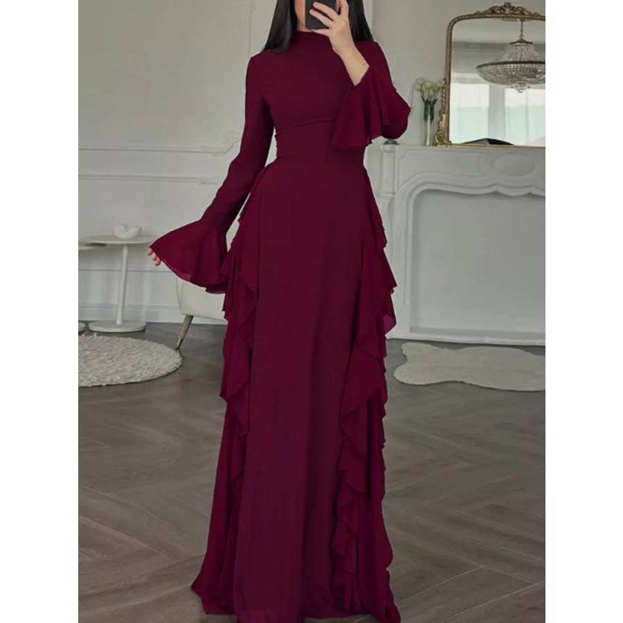Ruffled Maxi Dress with Bell Sleeves Burgundy / S Apparel and Accessories