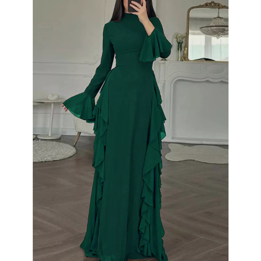 Ruffled Maxi Dress with Bell Sleeves Dark Green / S Apparel and Accessories