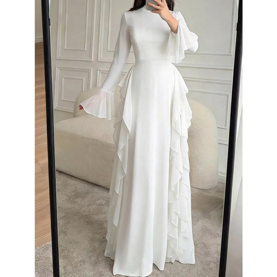 Ruffled Maxi Dress with Bell Sleeves White / S Apparel and Accessories