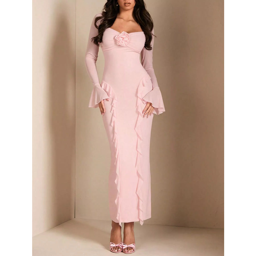 Ruffled Maxi Dress with Floral Detail Apparel and Accessories