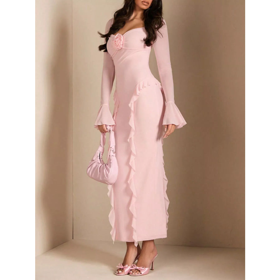 Ruffled Maxi Dress with Floral Detail Apparel and Accessories