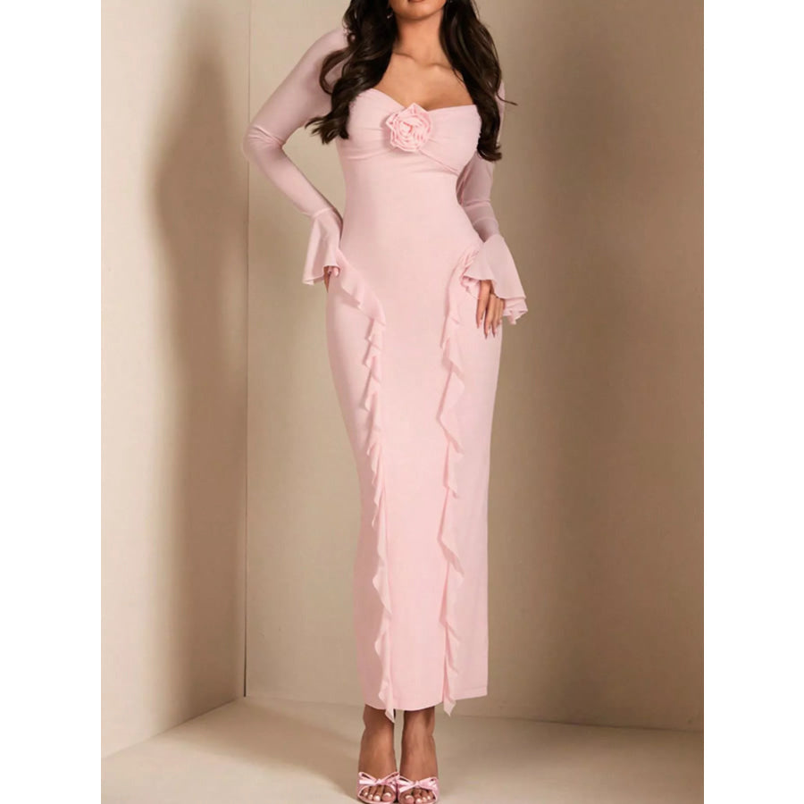 Ruffled Maxi Dress with Floral Detail Pink / S Apparel and Accessories