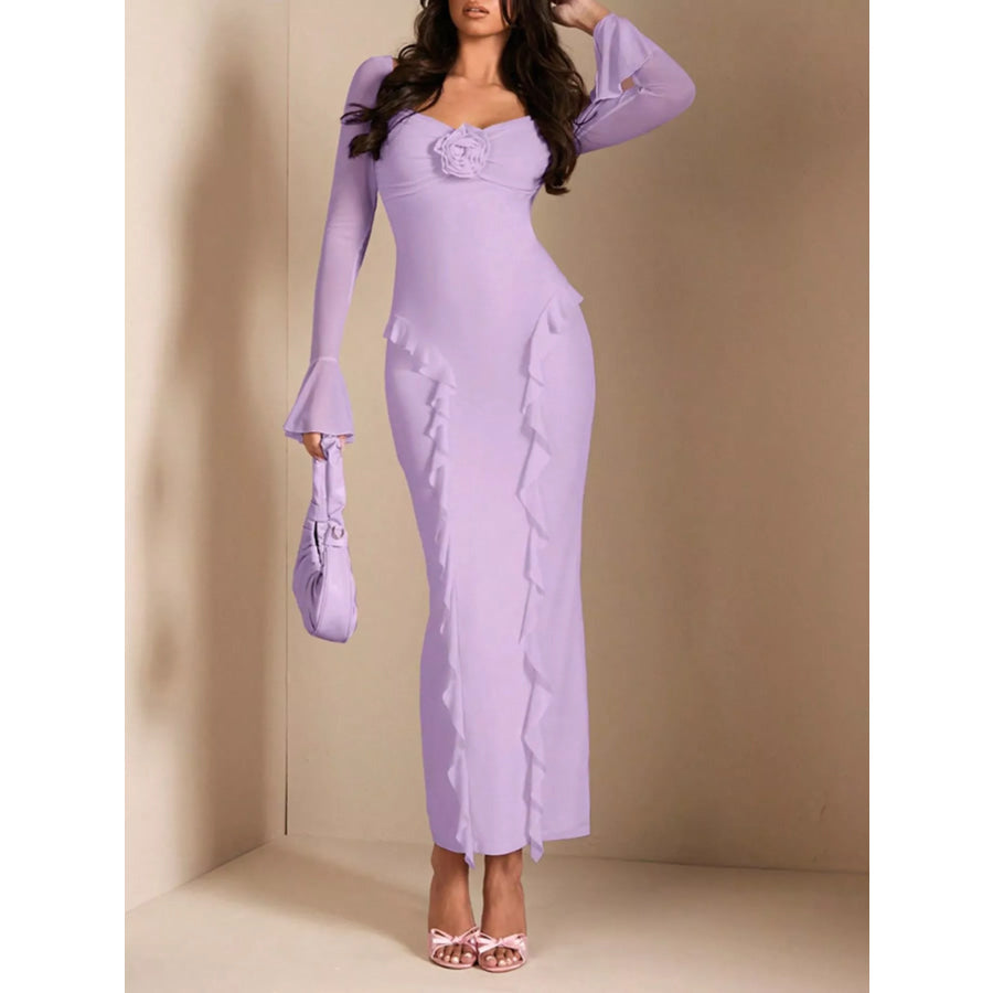 Ruffled Maxi Dress with Floral Detail Purple / S Apparel and Accessories