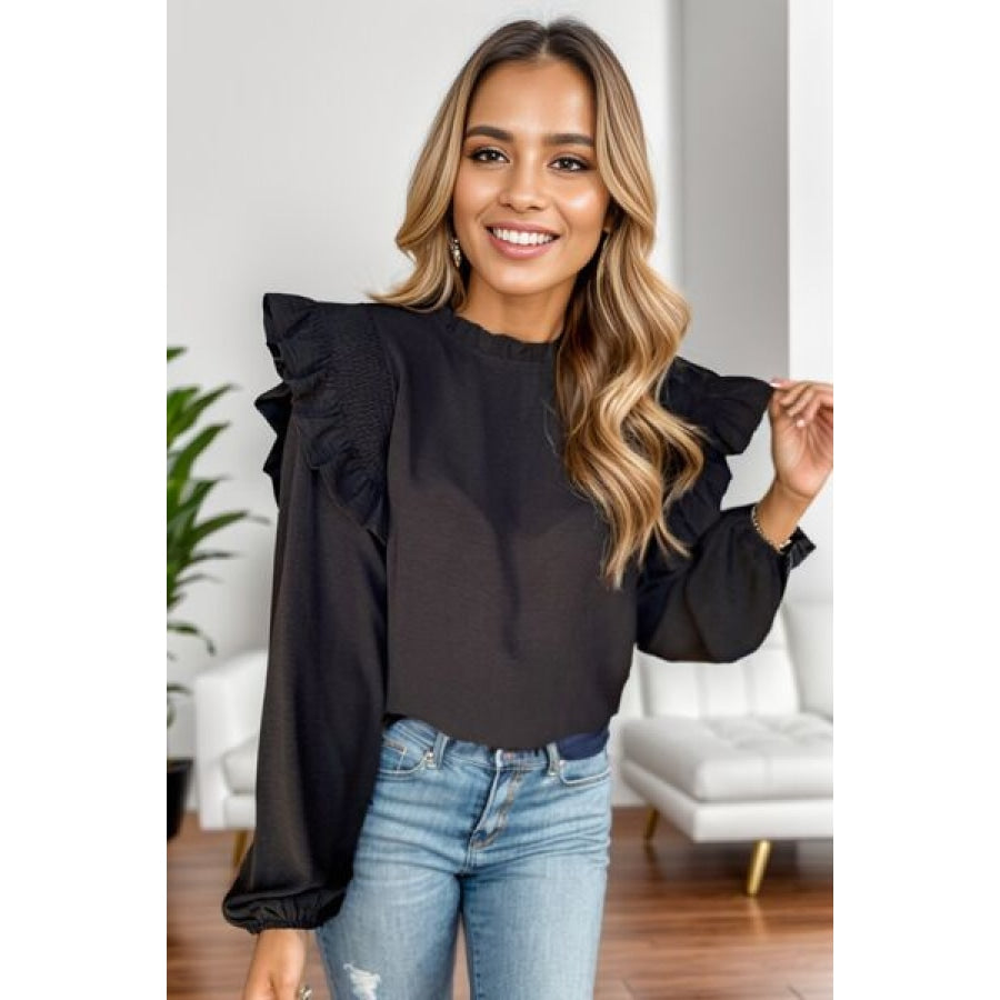 Ruffled Mock Neck Balloon Sleeve Blouse Apparel and Accessories