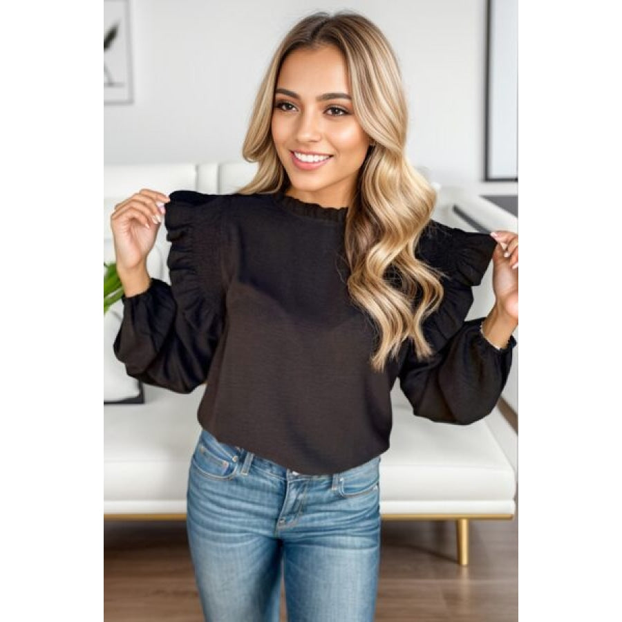 Ruffled Mock Neck Balloon Sleeve Blouse Apparel and Accessories